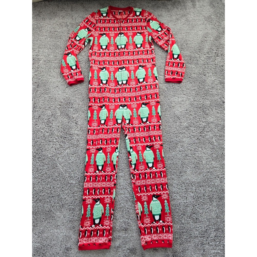 Christmas‎ Sleepwear Jumpsuit Men's Medium One Piece Full Zip Red Penguin
